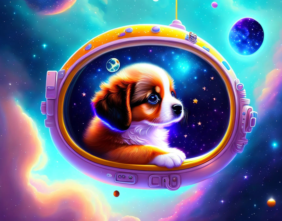 Illustration of playful puppy in spaceship with cosmic background