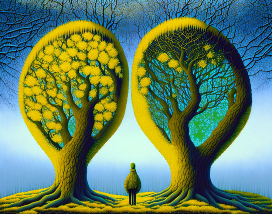 Surreal artwork of person between yellow trees on blue background