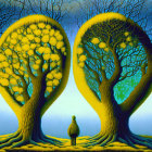Surrealist landscape with yellow cities on blue tree-like structures