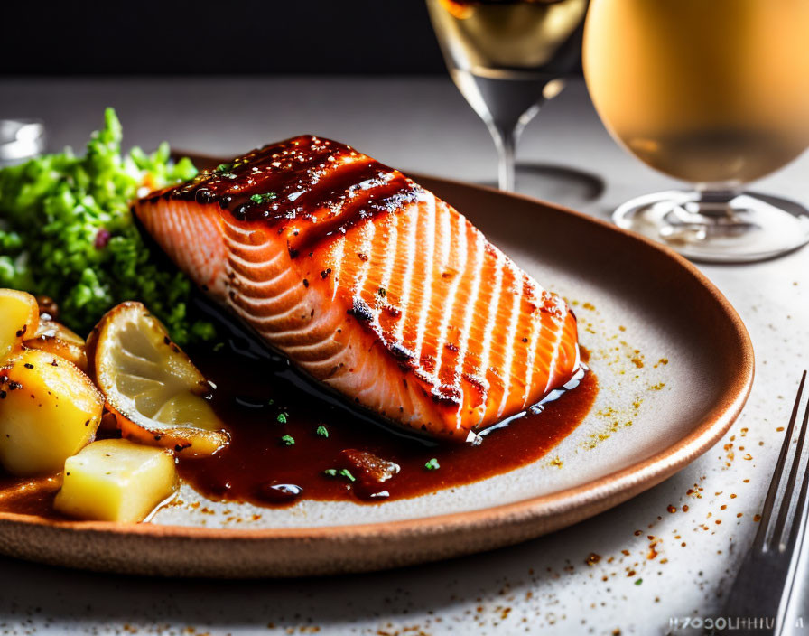 Grilled Salmon Fillet with Glaze, Lemon, Herbs, and Potatoes on Plate