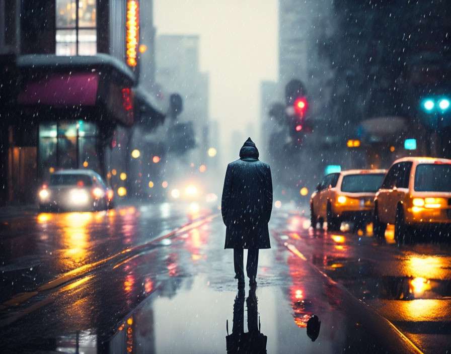 Lonely figure in rain on city street at night with traffic lights and reflections