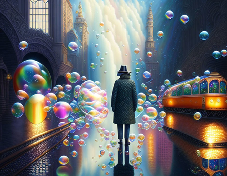 Person in coat and hat admiring colorful soap bubbles in grand, ornate station