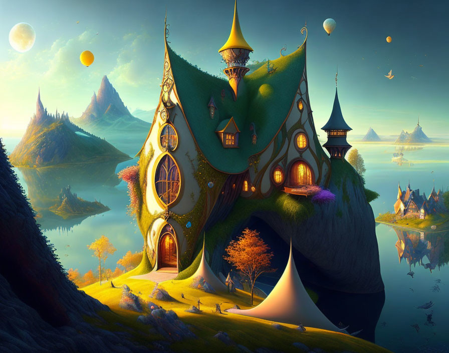 Whimsical houses on lush hills with floating islands & multiple moons