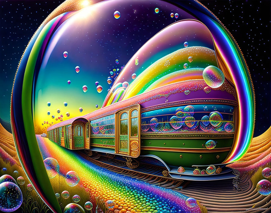 Colorful train emerging from tunnel in fantasy landscape with rainbow hills and floating bubbles