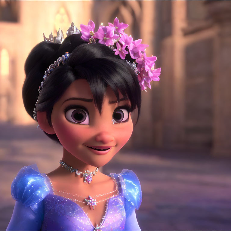 3D animated female character with tiara and flowers, blue dress, smiling in medieval street.