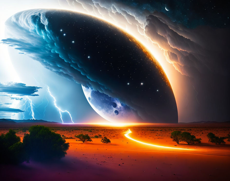 Surreal desert landscape with glowing lava flow under planet-filled sky