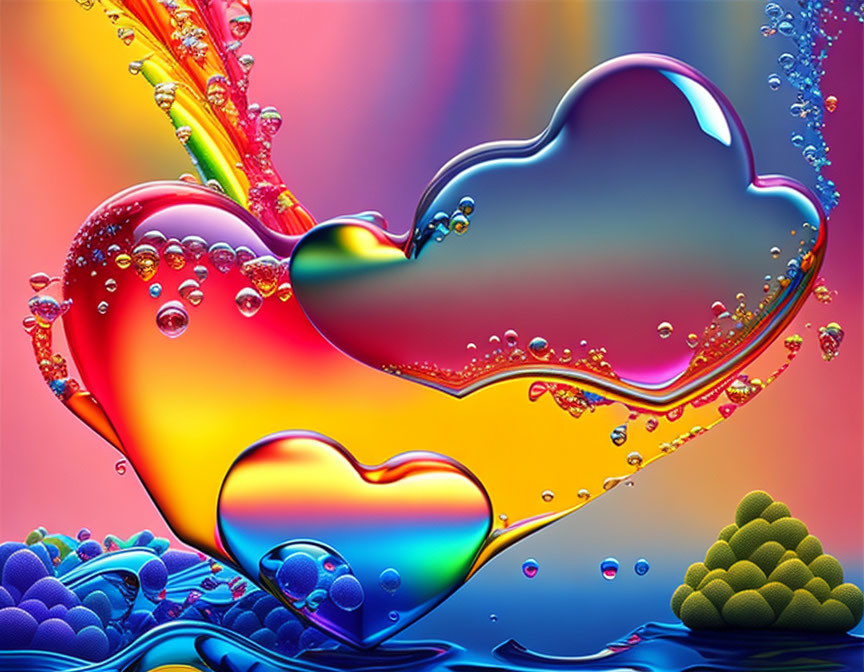 Colorful Hearts Artwork on Psychedelic Rainbow Background