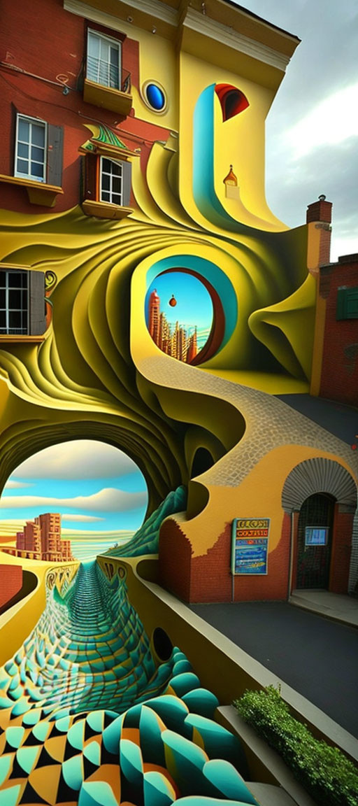 Vibrant surreal urban landscape with fluid buildings and circular doorways