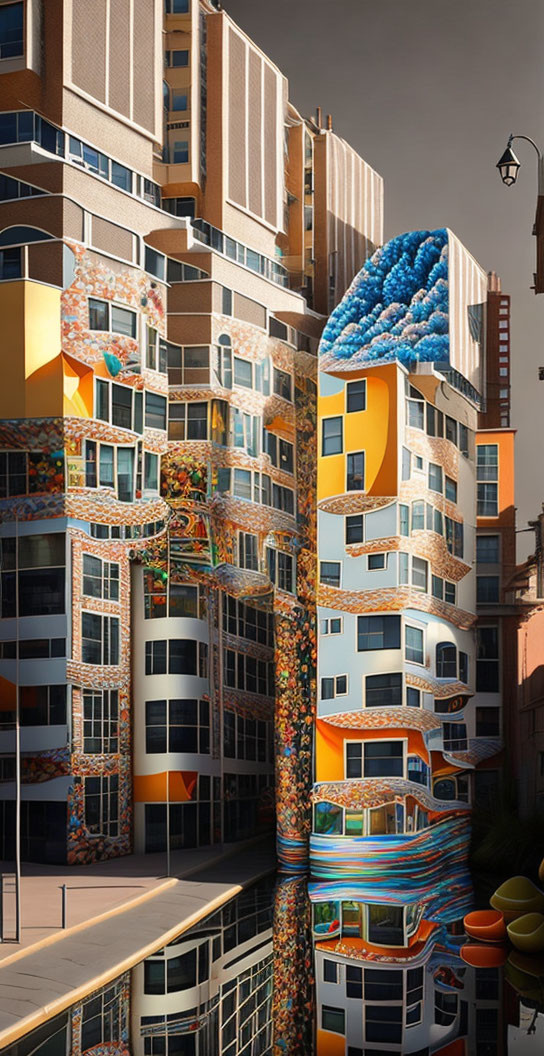 Colorful tile modern building reflecting in water under clear sky