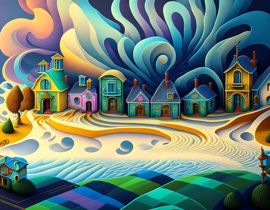 Colorful surreal landscape with whimsical houses and swirling skies