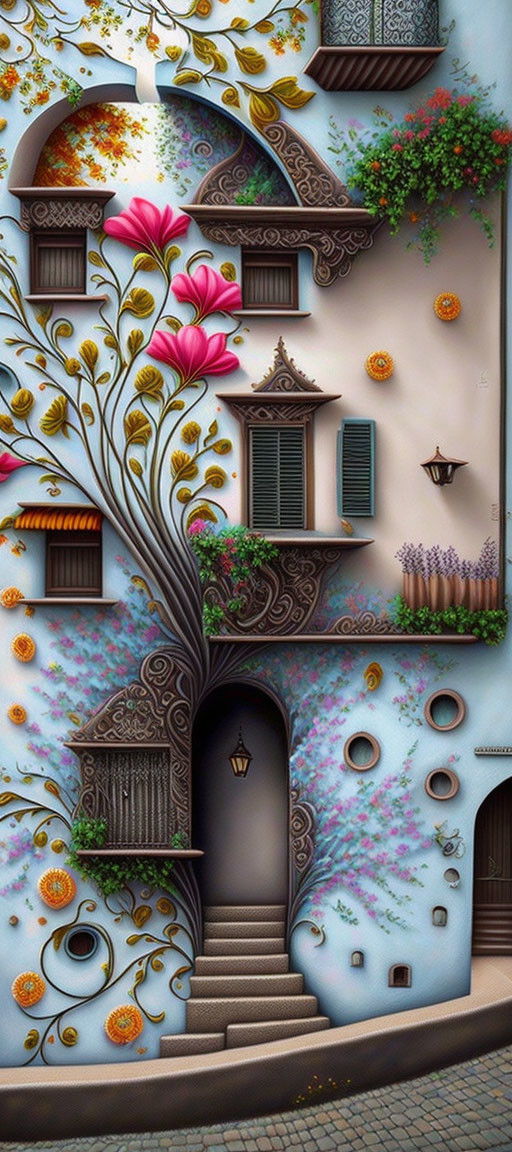 Ornate Floral Murals and Vibrant Colors on Whimsical Building