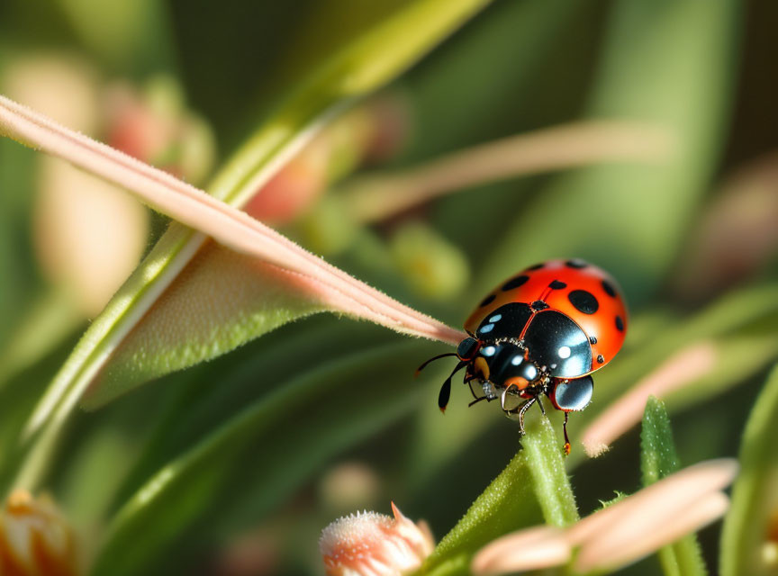 Vibrant red ladybug with black spots on green leaf under sunlight