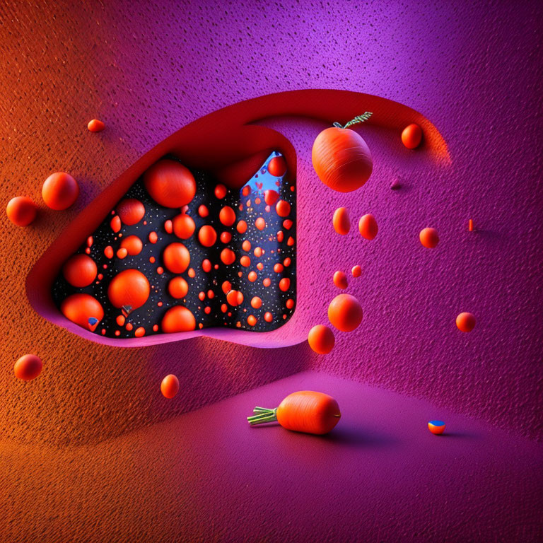 Surreal tear-shaped portal in abstract image with floating red onions