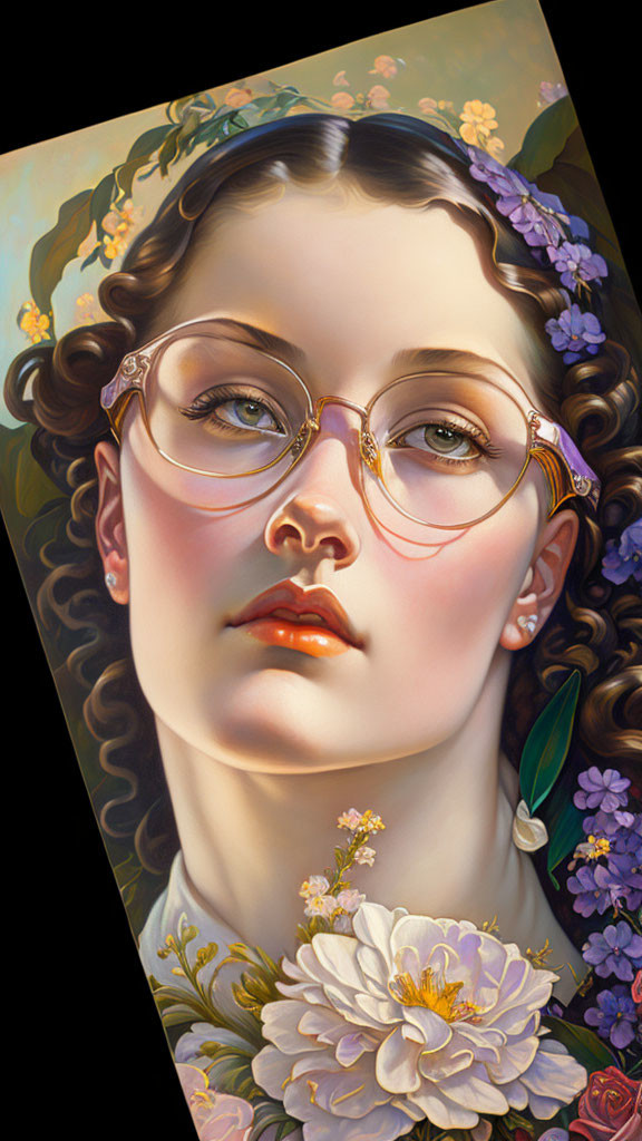 Stylized portrait of woman with round glasses and floral hair adornment