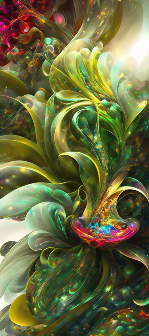 Colorful Fractal Artwork with Swirling Patterns in Green, Gold, Pink, and Turquoise