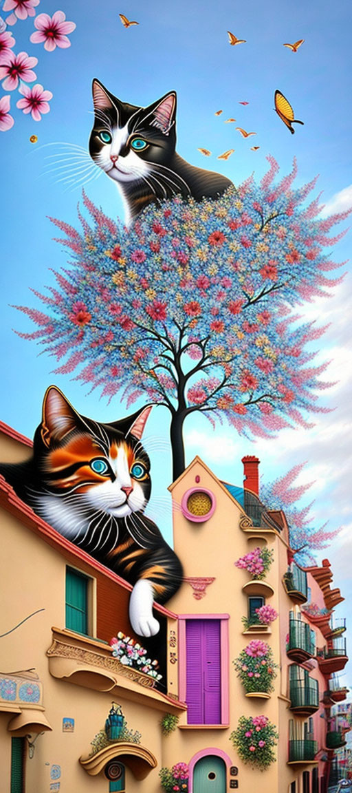 Surreal oversized cats in charming street scene with blooming trees, colorful houses, butterflies, and