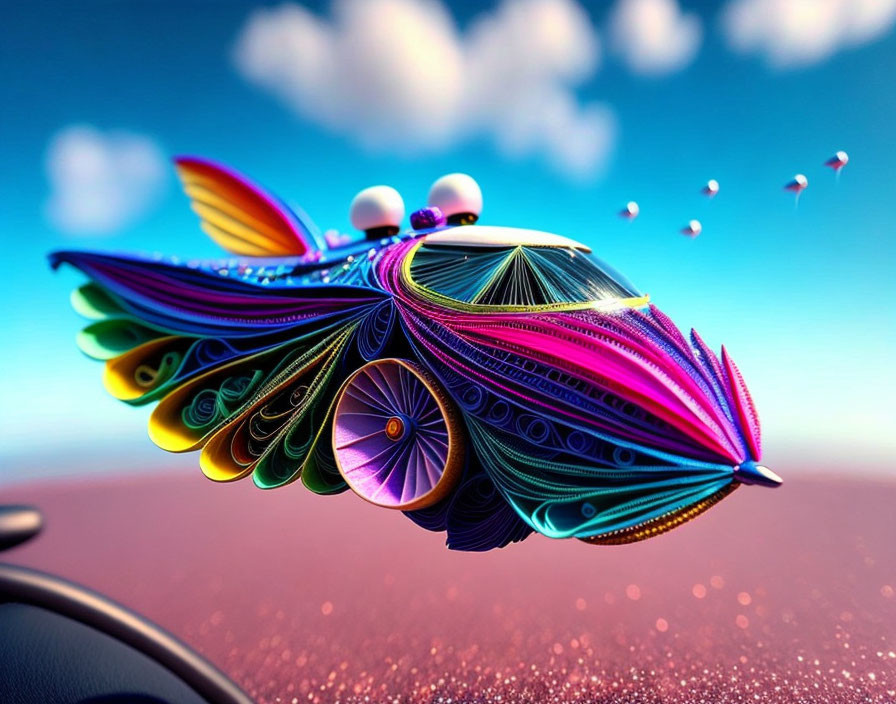 Abstract Quilled Art: Fantastical Flying Vehicle on Sky-blue Background