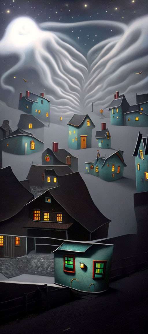 Nighttime village scene with glowing windows under swirling cloud wings