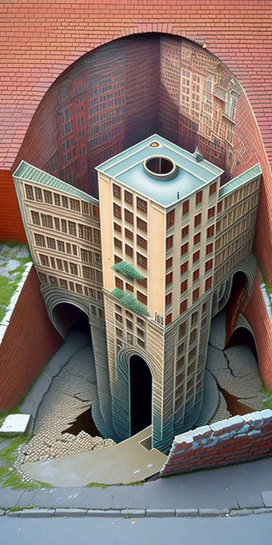 3D street mural: Building sinking illusion in urban setting