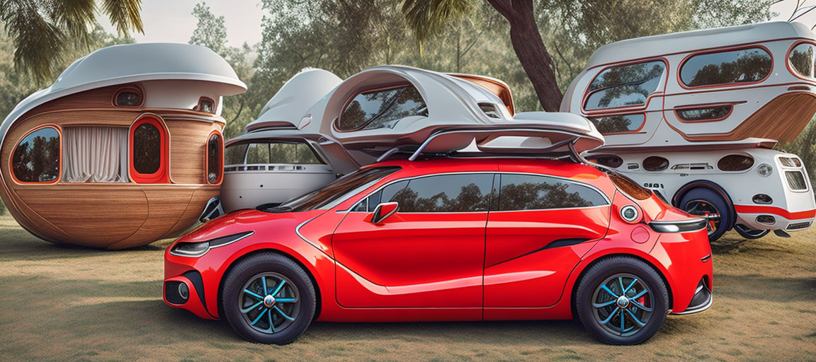 Futuristic red car with modular rooftop dwelling in grove