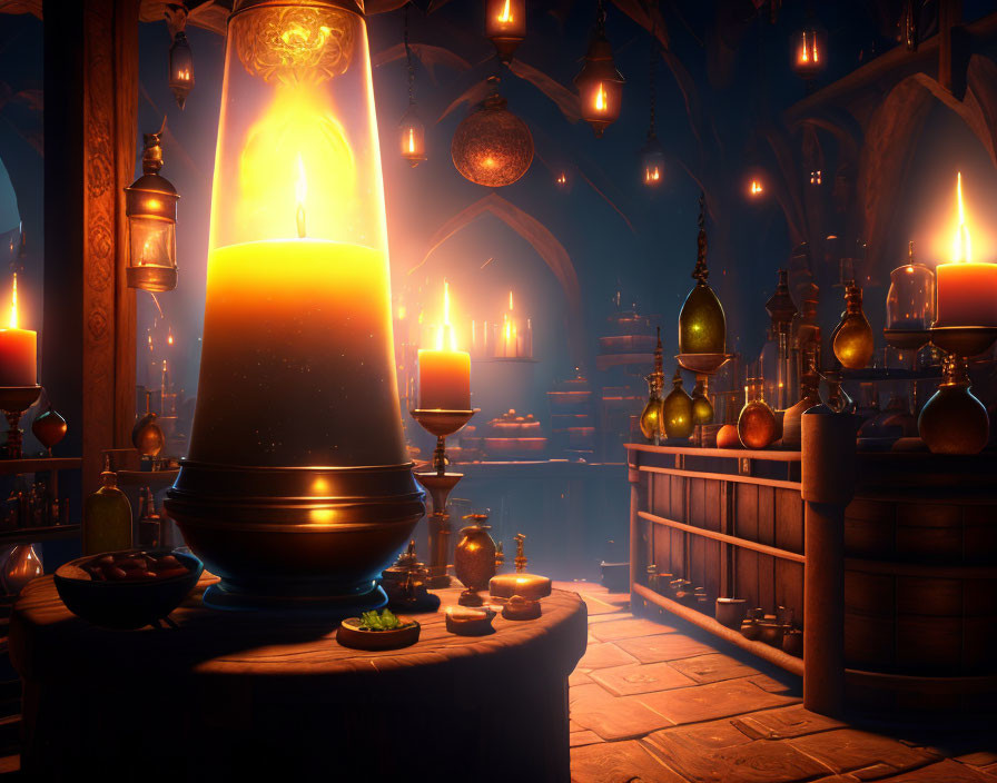 Fantasy library with candlelight, lanterns, books, and magical artifacts