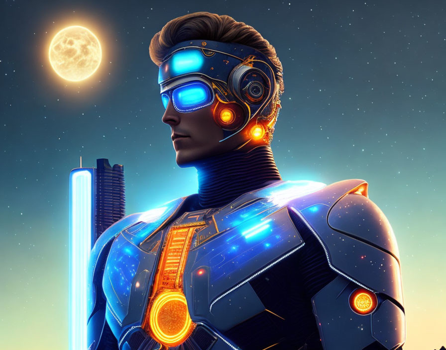 Futuristic cyborg with illuminated circuit patterns holding a glowing blue rod