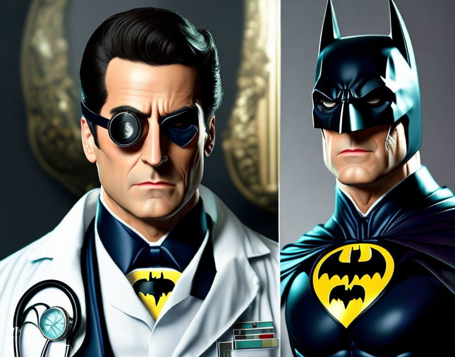 Doctor and Batman characters in side-by-side illustration