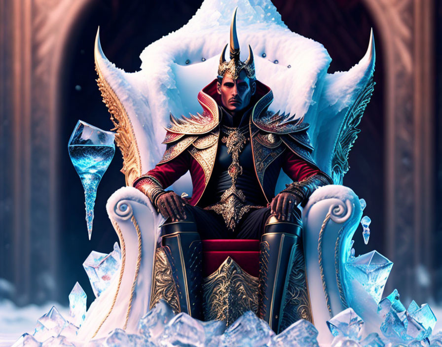 Regal figure on icy throne in red and gold cloak