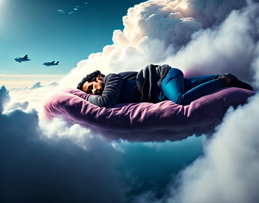 Person peacefully sleeping on pink pillow among fluffy clouds with airplanes.