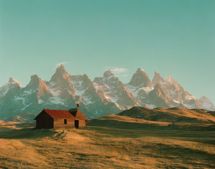 Wooden cabin in grassy field with mountain peaks backdrop