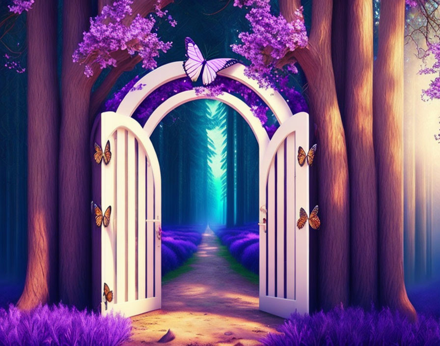 White Gate with Butterflies Leading to Magical Path with Purple Flowers and Towering Trees