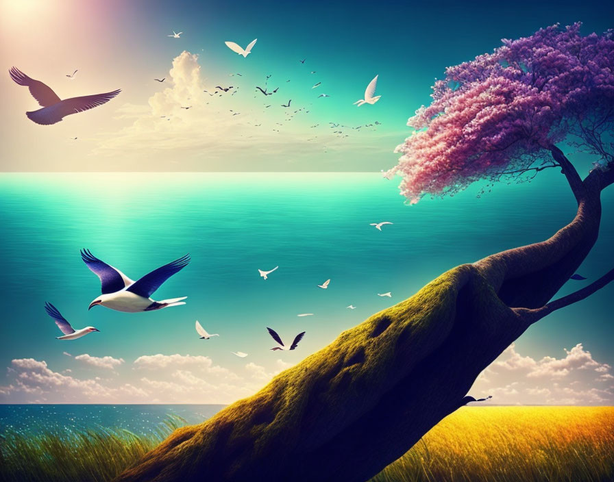 Colorful cherry blossom tree by serene sea with birds in flight