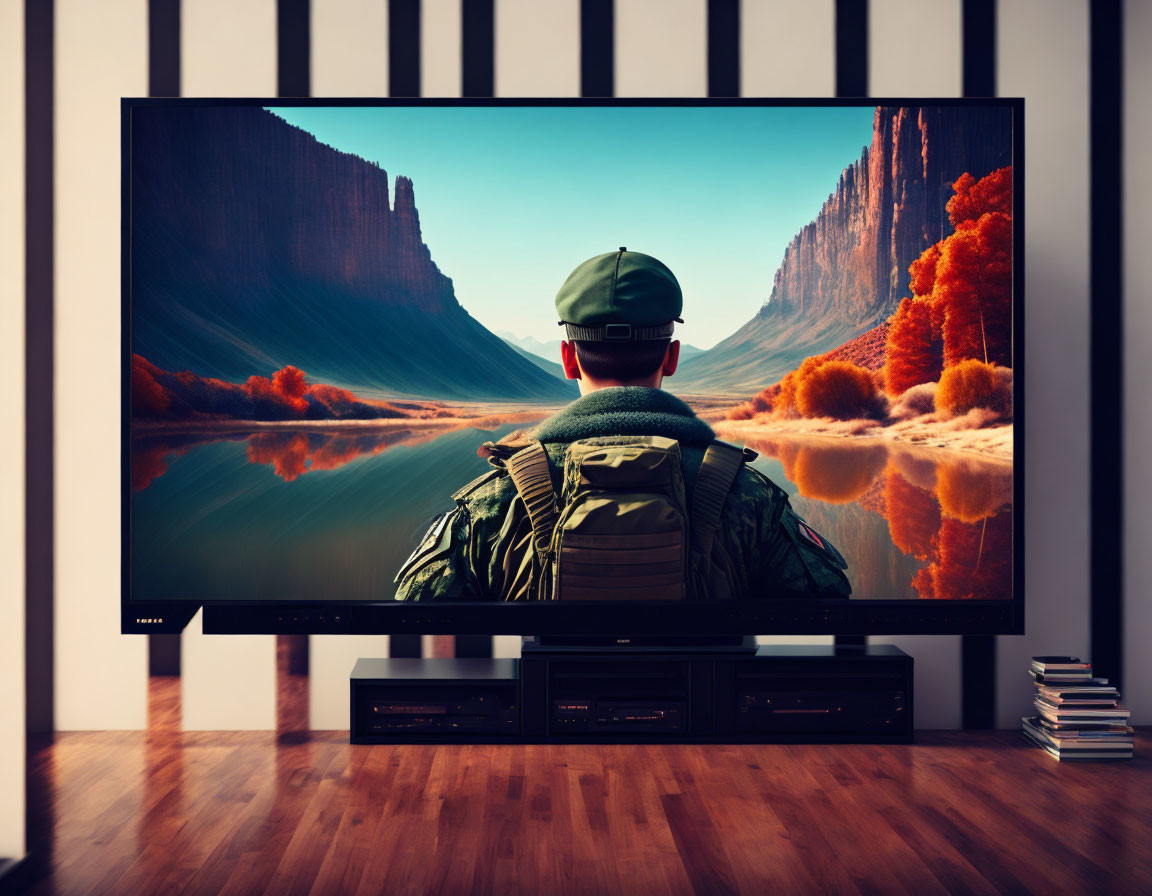 Person with cap and backpack blends into scenic TV landscape