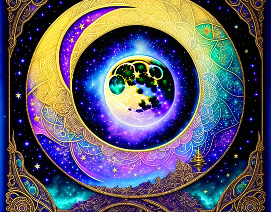 Colorful moon illustration with stars, planets, and cosmic patterns