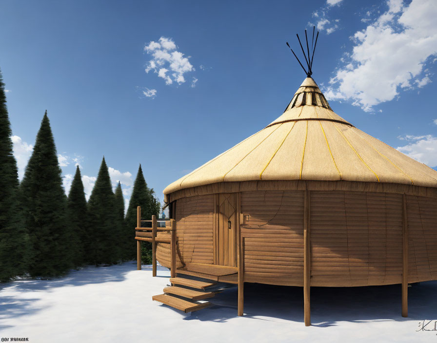 Traditional wooden yurt in snowy landscape with conifer trees