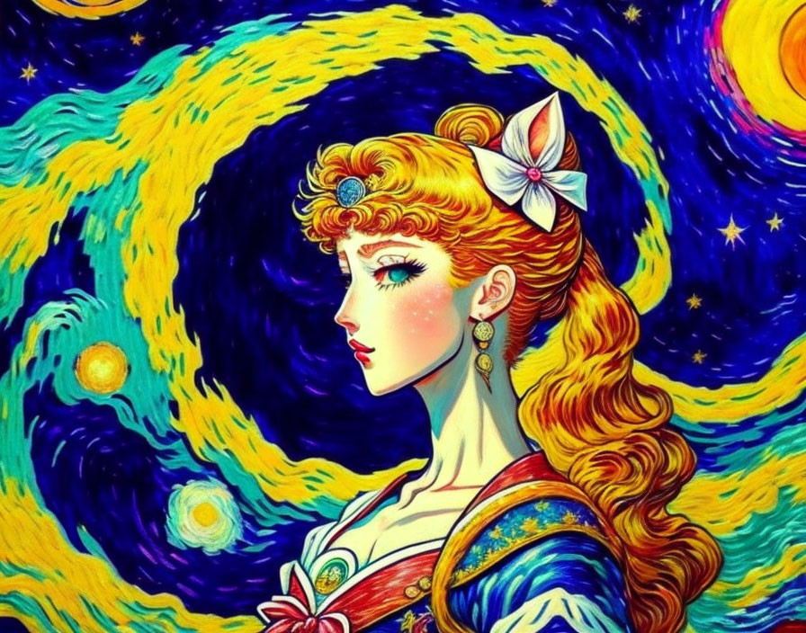 Stylized woman with long golden hair in Starry Night setting