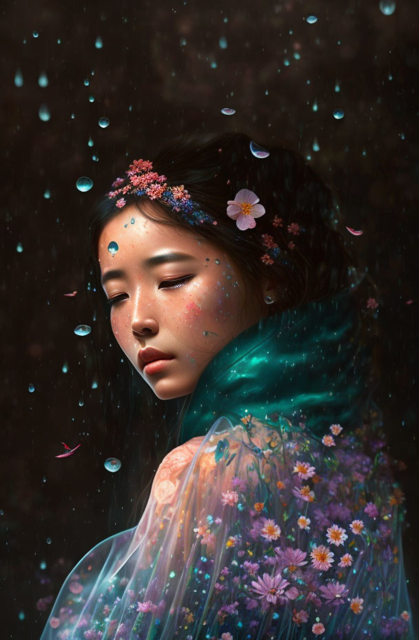 Woman with closed eyes, floral crown, floating petals, and translucent shawl.