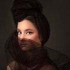 Intricate updo portrait with iridescent bubbles on dark background