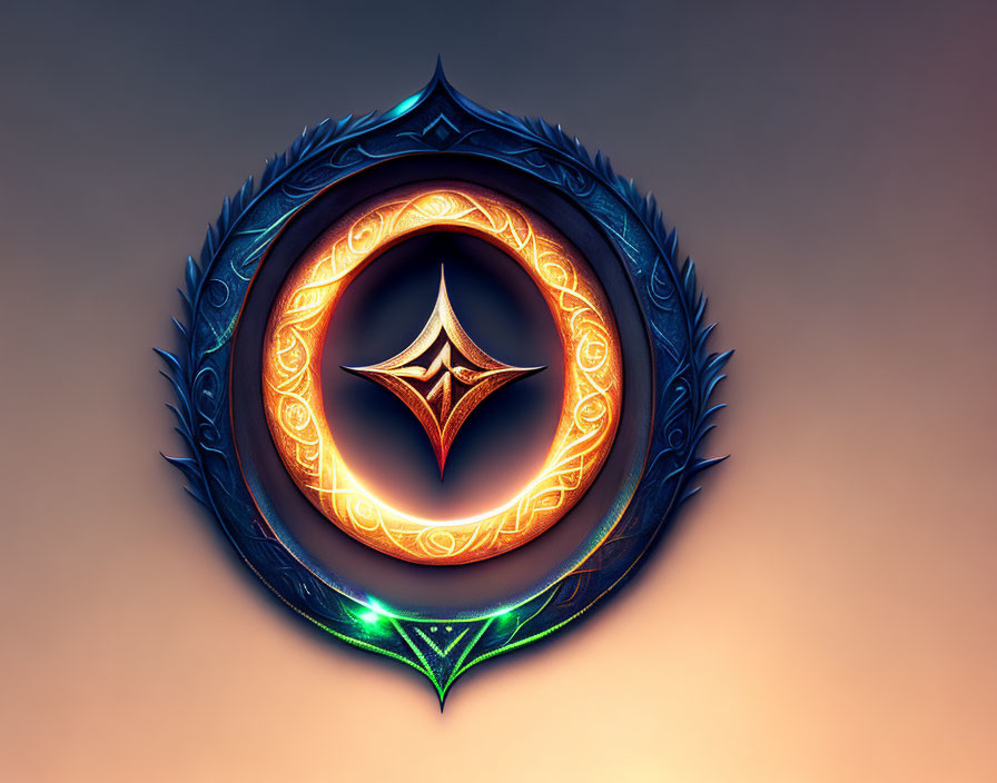 Fantasy emblem with central star symbol and blue-gold designs on warm gradient.