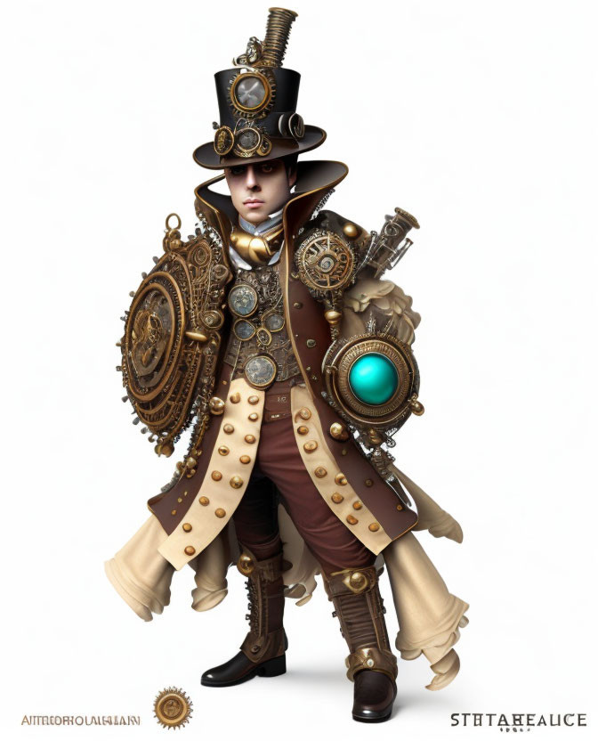 Elaborate Steampunk Outfit with Top Hat and Mechanical Arm