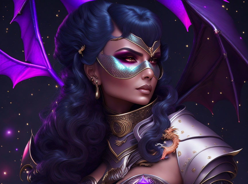 Dark-haired woman with masquerade mask and shoulder dragon in starry setting.