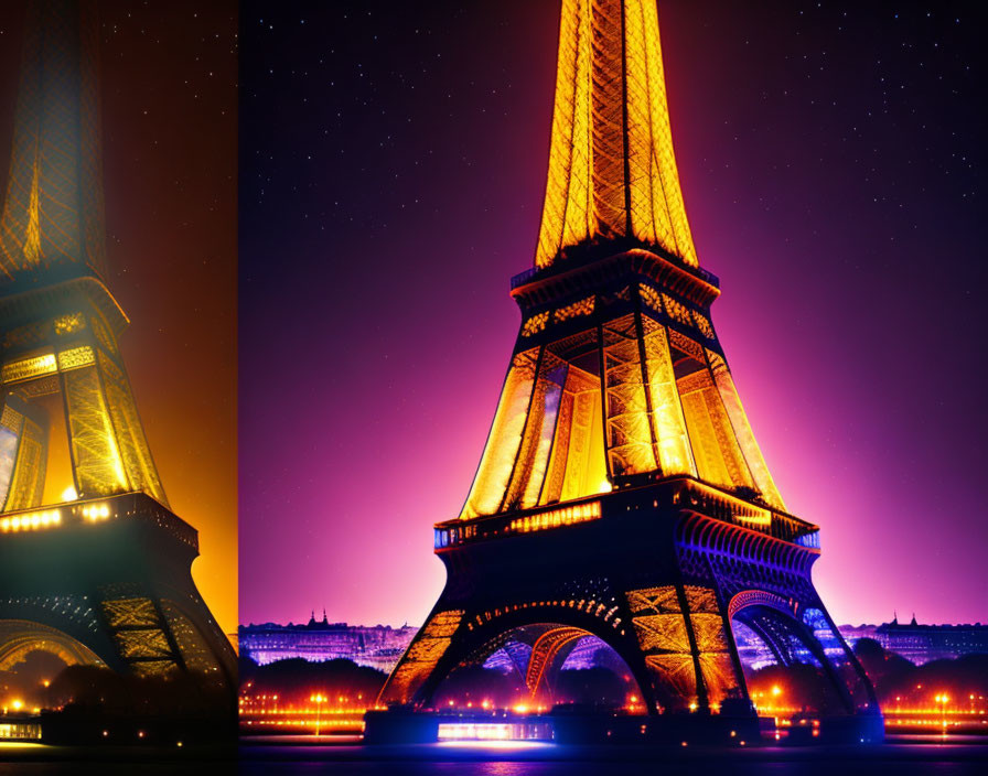 Eiffel Tower illuminated in purple and yellow lights at night