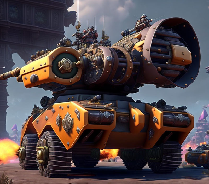 Fantasy-themed orange and gold armored tank with multiple cannons and riders shooting flames.