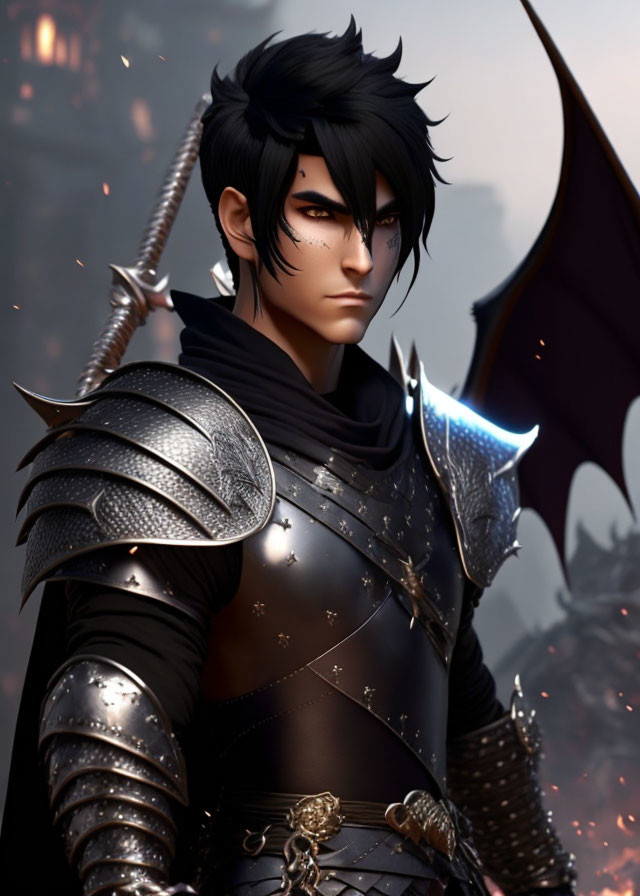 Fantasy male character in black armor with silver accents