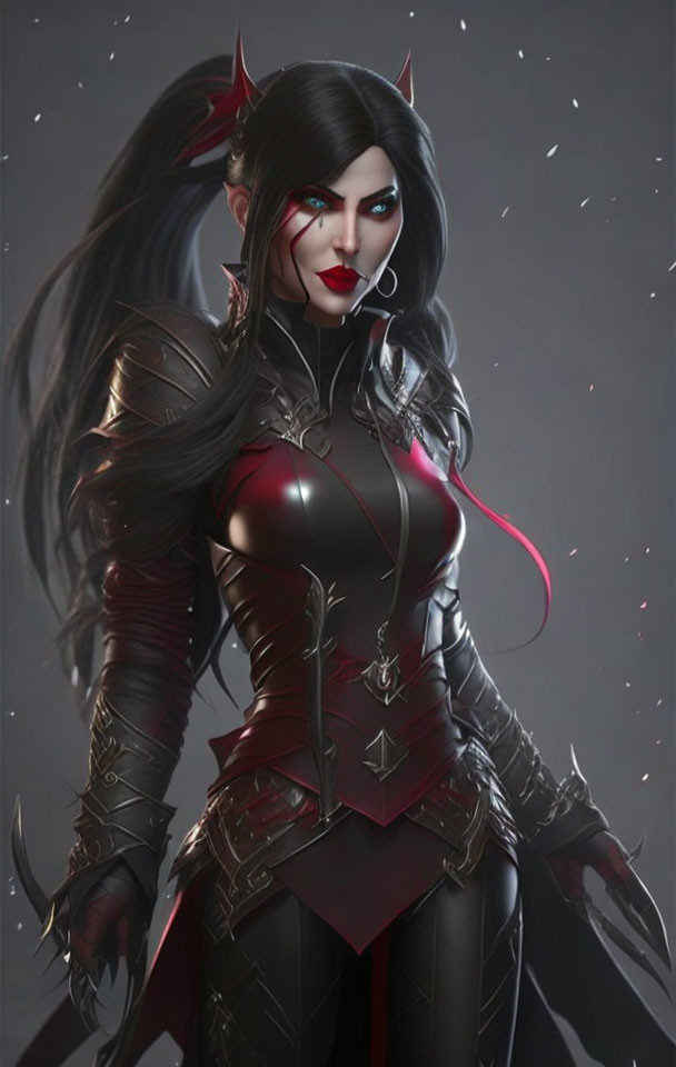 Fantasy female character with pale skin, long black hair, red eyes, dark armor, and claw