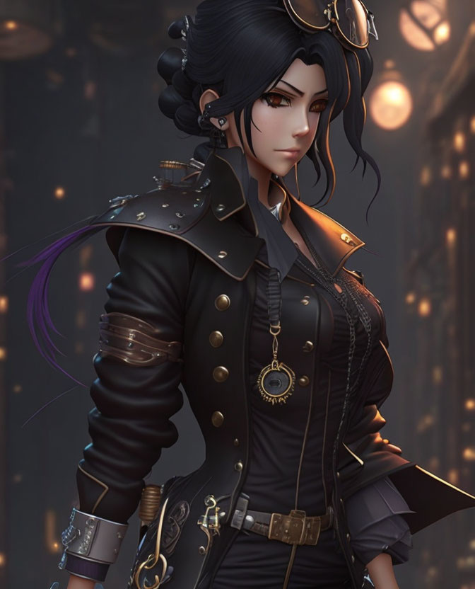 Digital Artwork: Woman in Steampunk Attire with Dark Hair