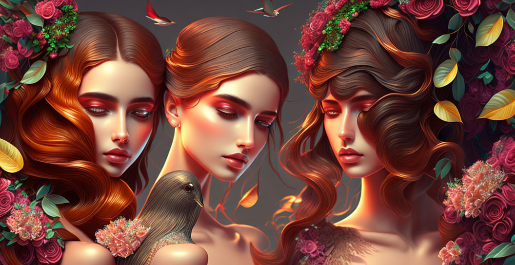 Ethereal women with floral hairstyles in serene setting