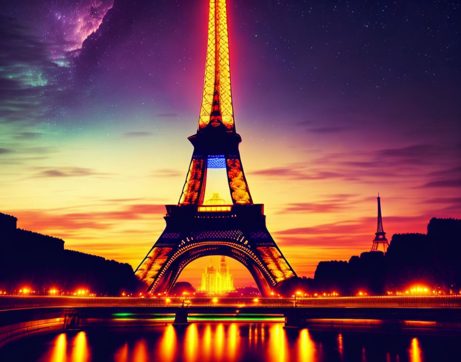 Iconic Eiffel Tower at night with purple sky and sunset reflection