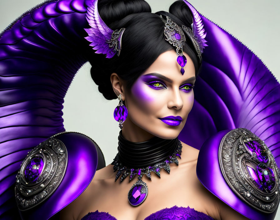 Woman with Purple Stylized Makeup and Dramatic Headdress