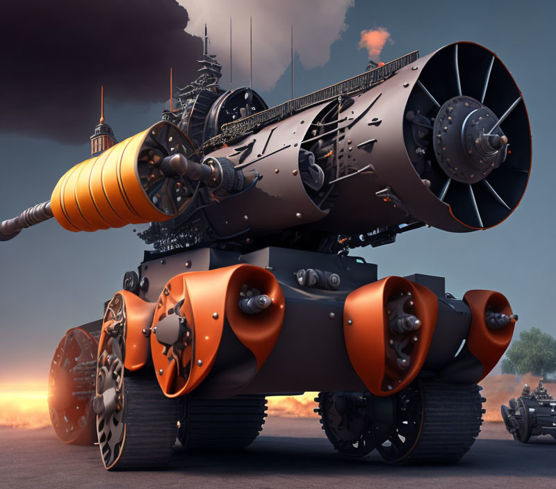 Steampunk-inspired tank with oversized wheels and massive cannon in sunset sky.